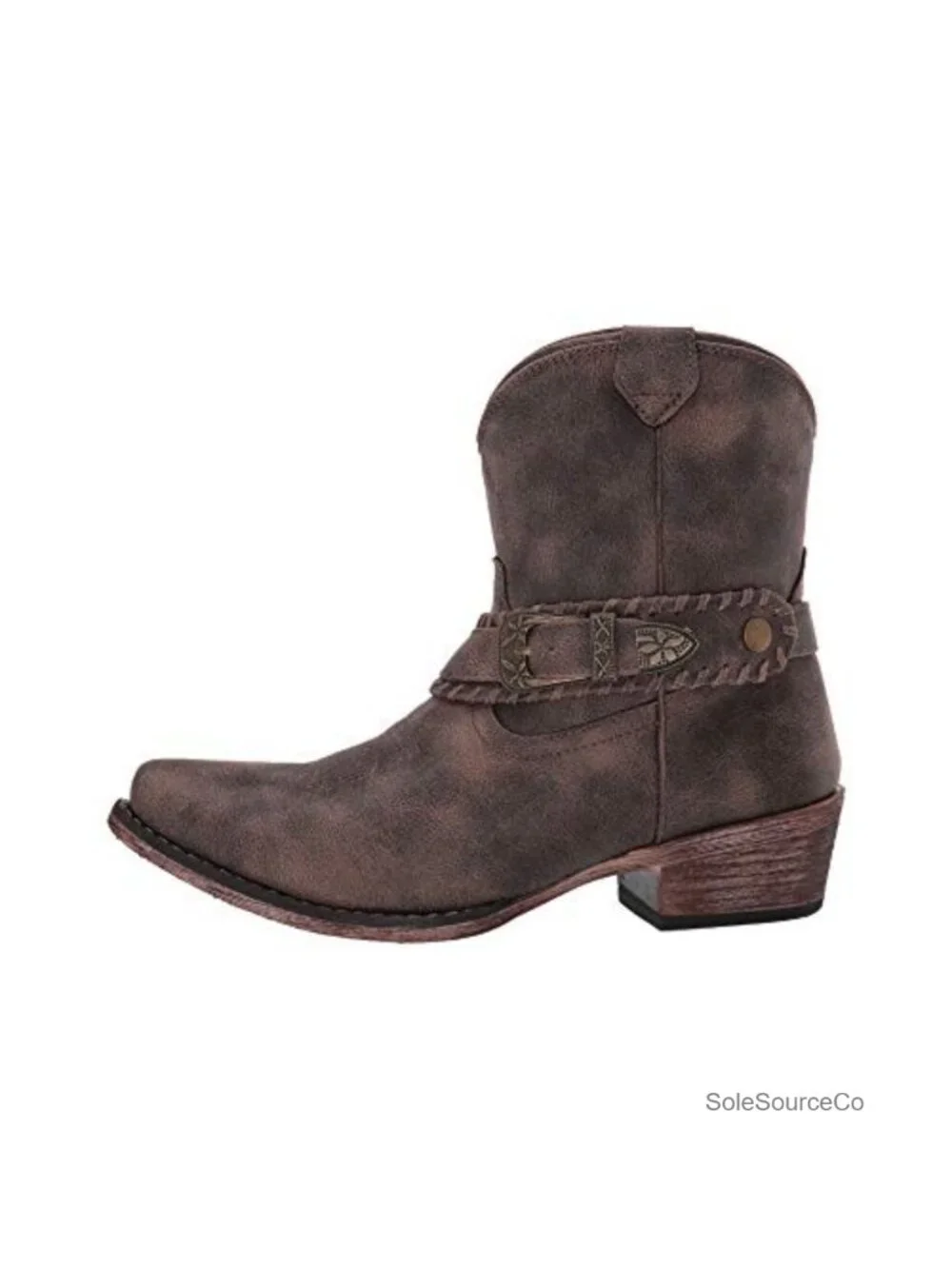 Faux Leather Western Ankle Bootie with Buckle and Whipstitching